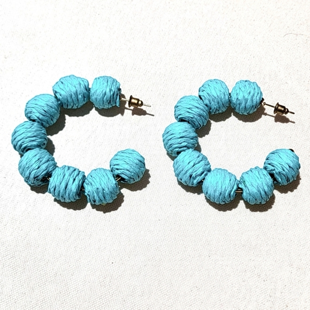 🆕 Boho Blue Rattan Raffia Ball Hoop Statement Earrings